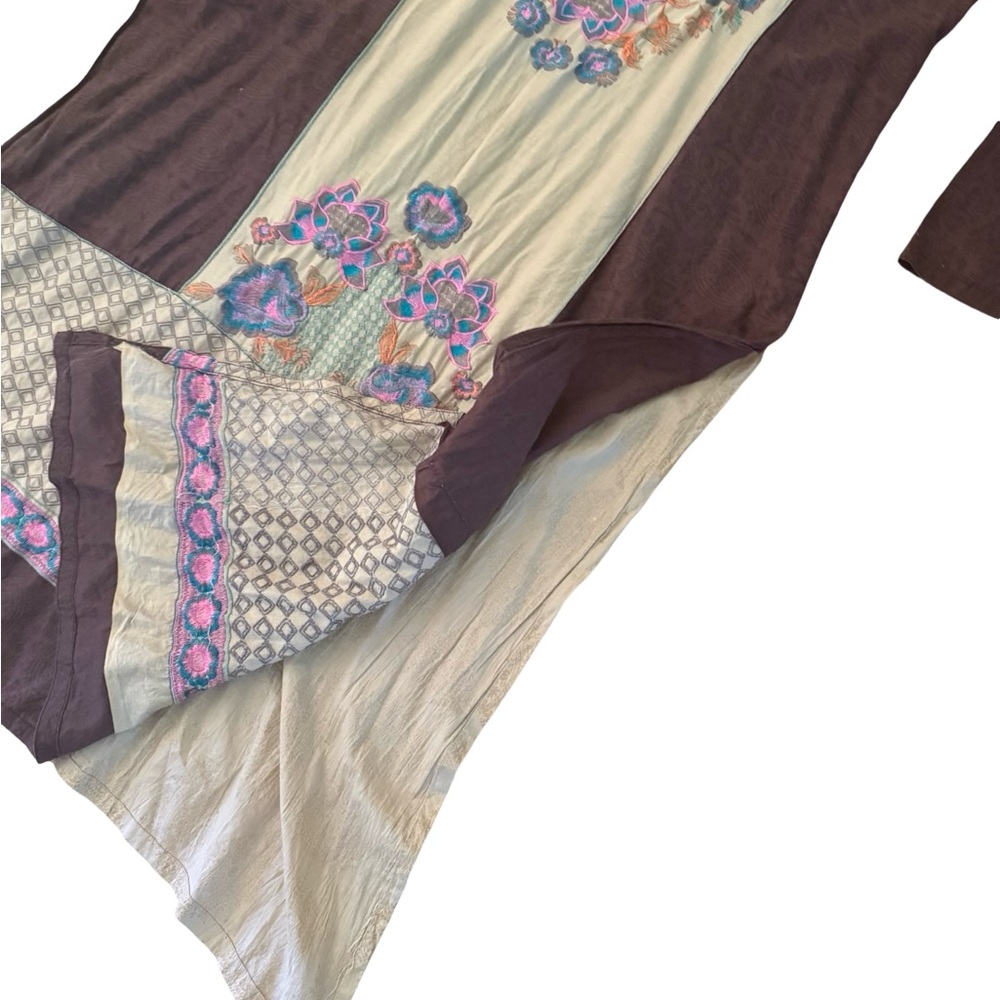 Vintage Brown & Cream Embroidered Kaftan Kurta Maxi Dress with Blue & Pink XL - Picture 3 of 8